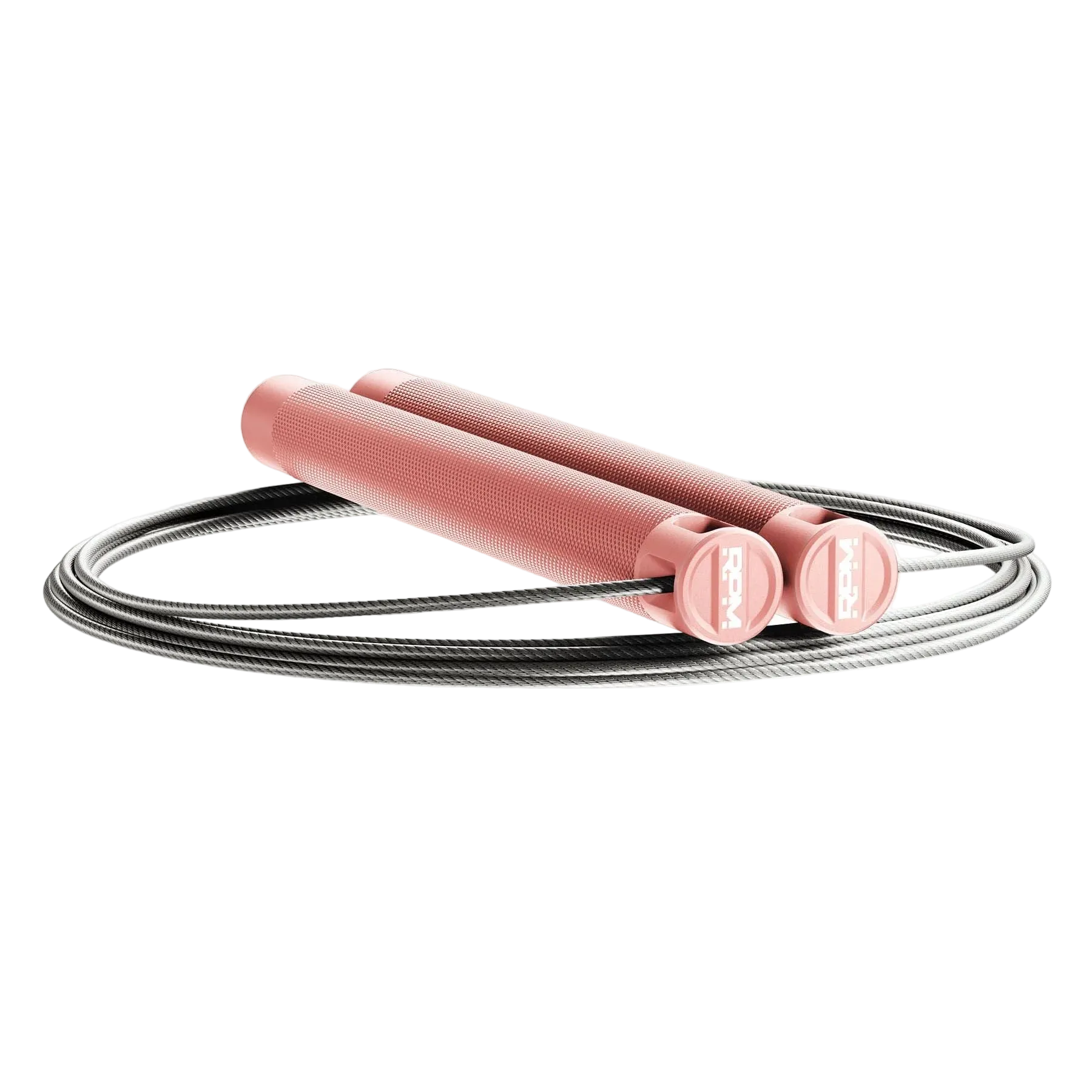 RPM Session4 speed rope in rose pink with knurled aluminium handles and RPM logo end caps for CrossFit