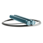 RPM Session4 speed rope in steel blue side view with knurled aluminium handles and RPM logo end caps for CrossFit