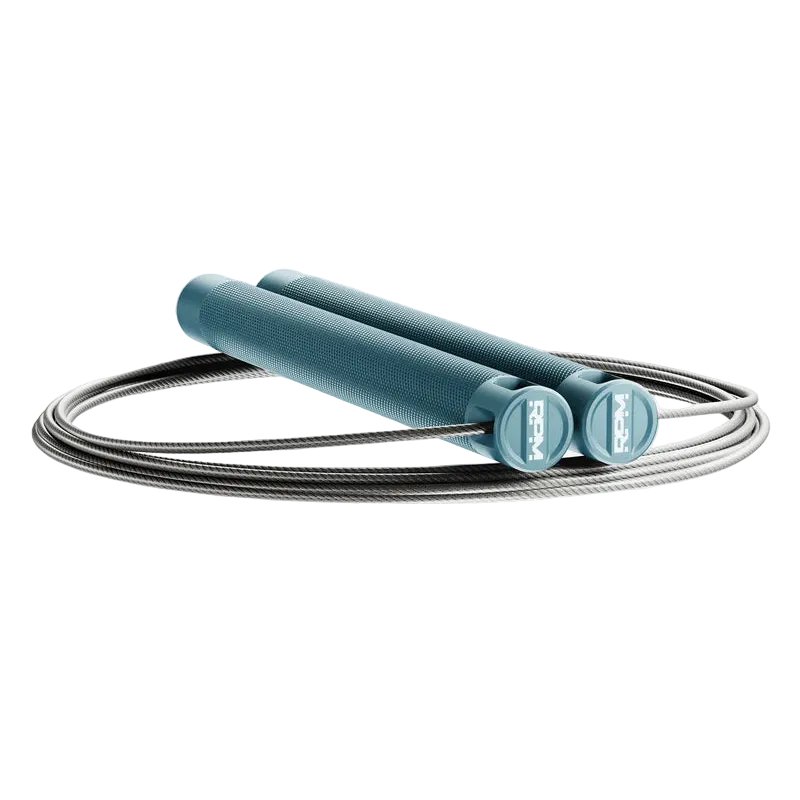 RPM Session4 speed rope in steel blue side view with knurled aluminium handles and RPM logo end caps for CrossFit