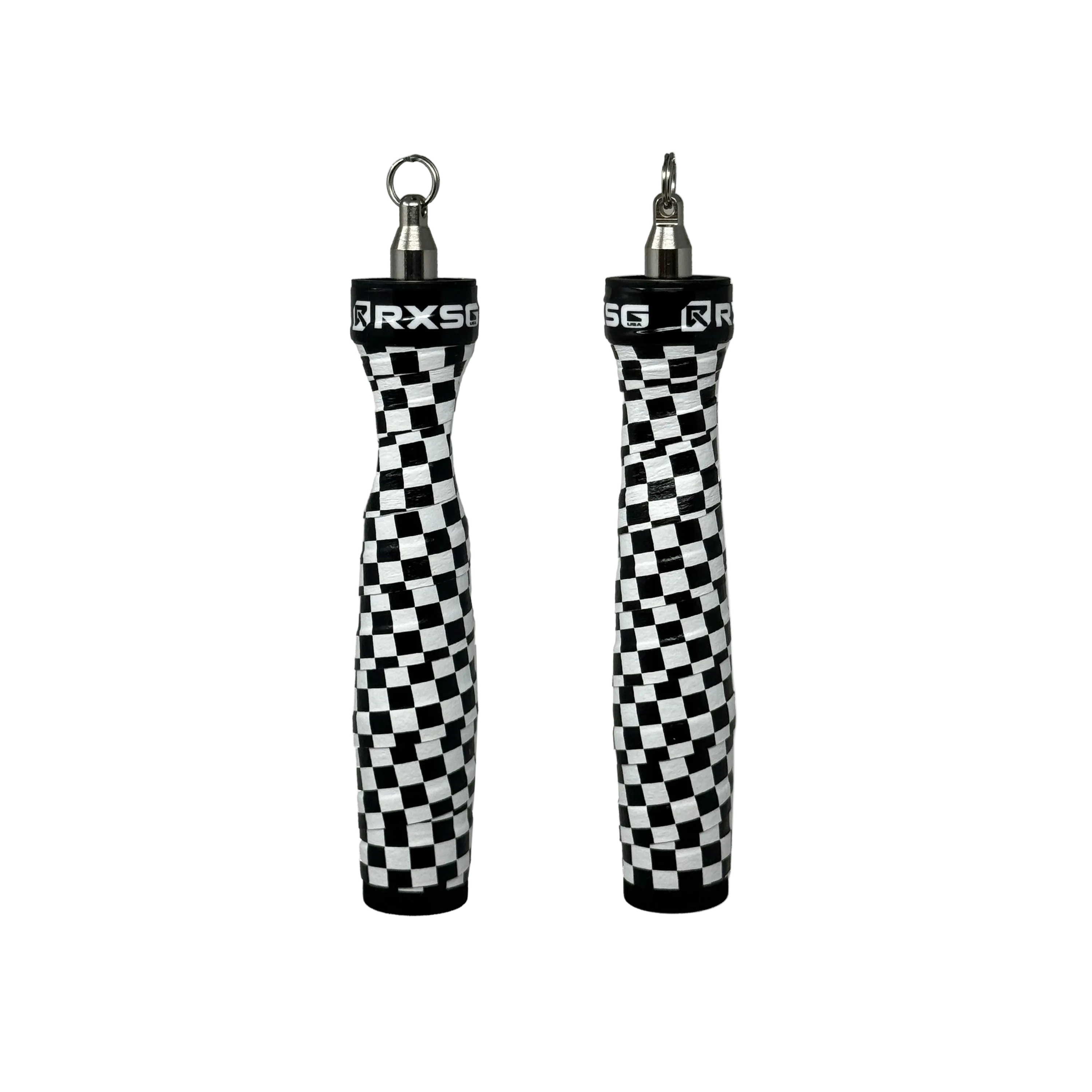 Rx Smart Gear Rx Jump Rope 2.0 Handles in Checkered black and white pattern - lightweight CrossFit speed rope handles with EVO swivel bearing for double-unders