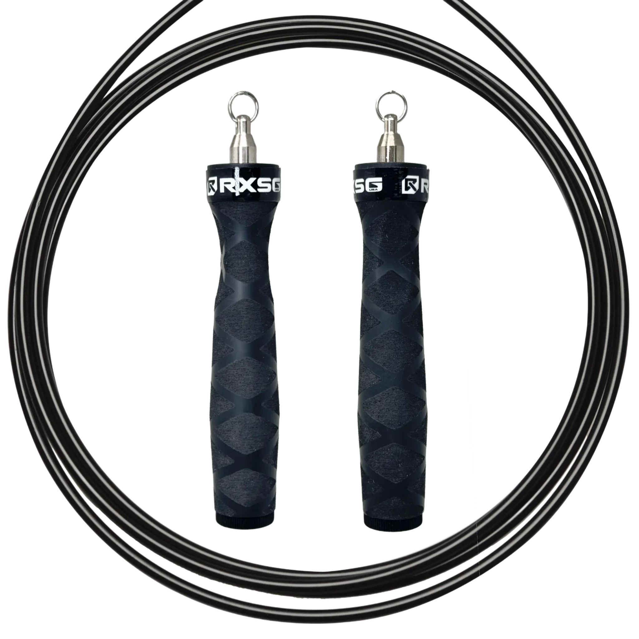Rx Smart Gear Rx Jump Rope 2.0 Standard with black textured handles and coiled speed cable