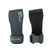 Front and back view of black Velites All Terrain CrossFit gymnastic grips