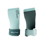 Front and back view of mint Velites All Terrain CrossFit gymnastic grips with wristband