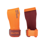 Front and back view of orange Velites All Terrain CrossFit gymnastic grips with wristband