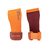Front and back view of orange Velites All Terrain CrossFit gymnastic grips with wristband