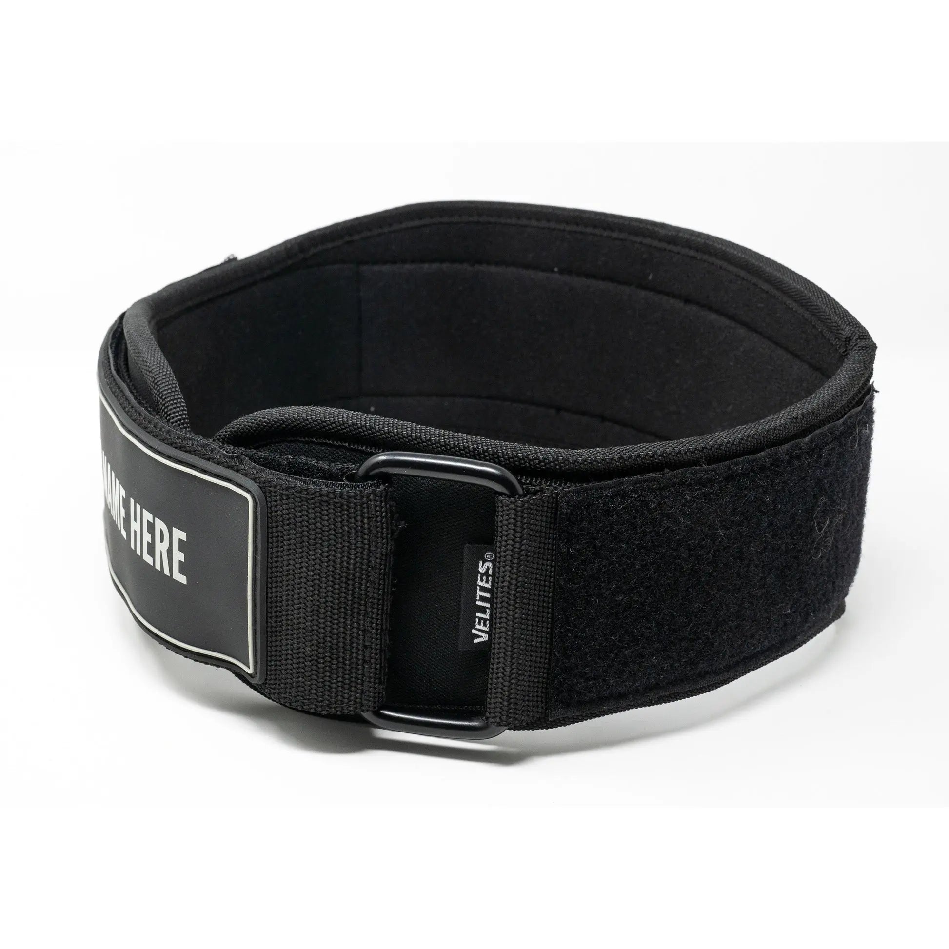 Velites Lifting Belt black angled view showing customisable name panel buckle closure and inner velcro for CrossFit weightlifting