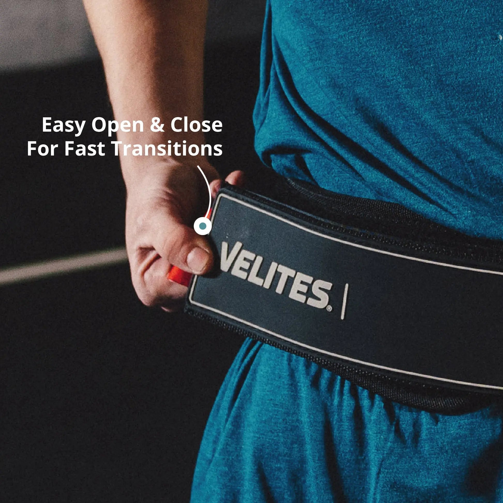 Velites Lifting Belt easy open and close for fast transitions between CrossFit lifts athlete wearing belt in gym