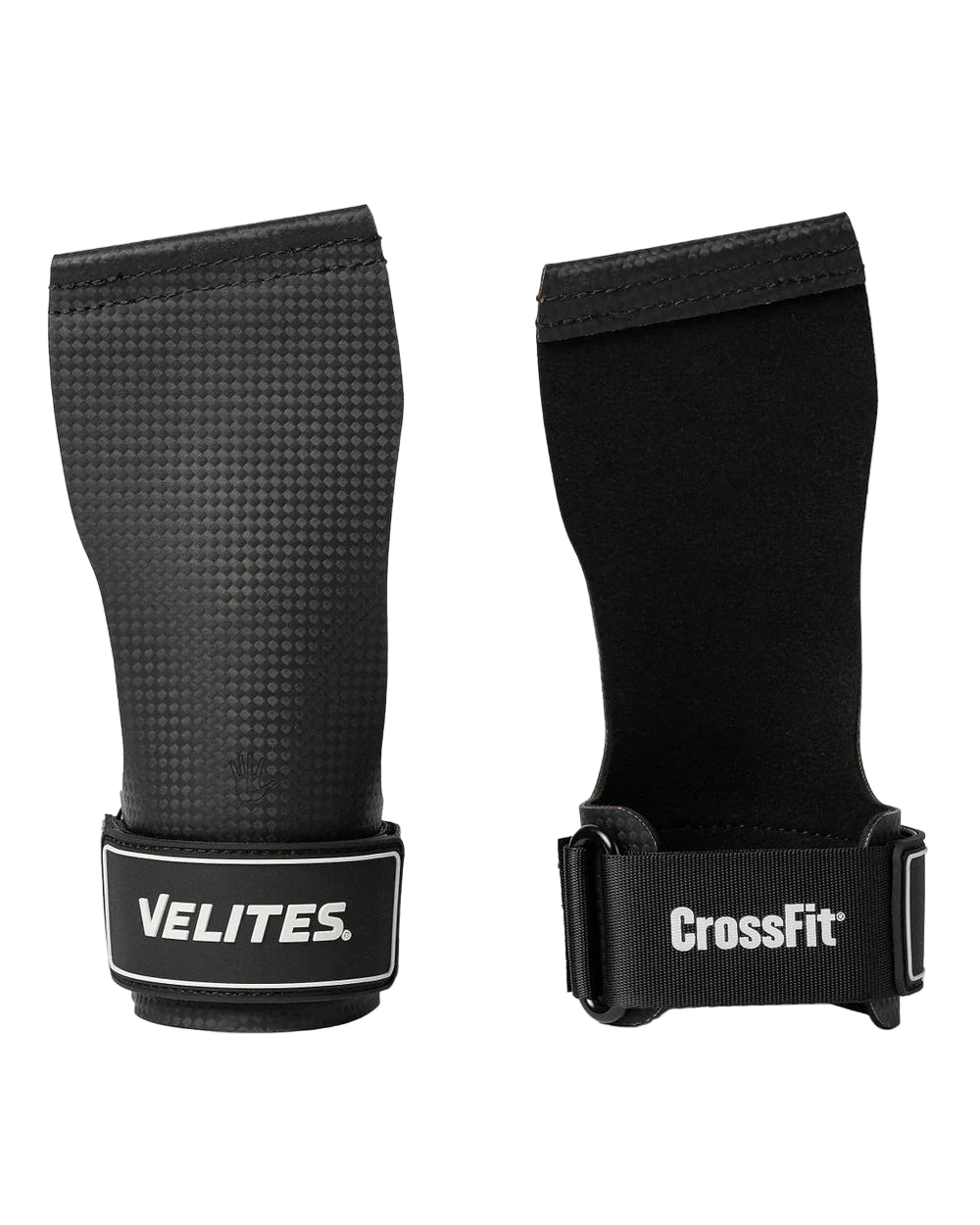 Front and back view of black Velites Quad Ultra no chalk CrossFit gymnastic grips with VELITES and CrossFit branding