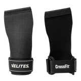 Front and back view of black Velites Quad Ultra no chalk CrossFit gymnastic grips with VELITES and CrossFit branding