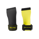Front and back view of black and yellow Velites Quad Ultra no chalk CrossFit gymnastic grips with VELITES branding and wrist strap