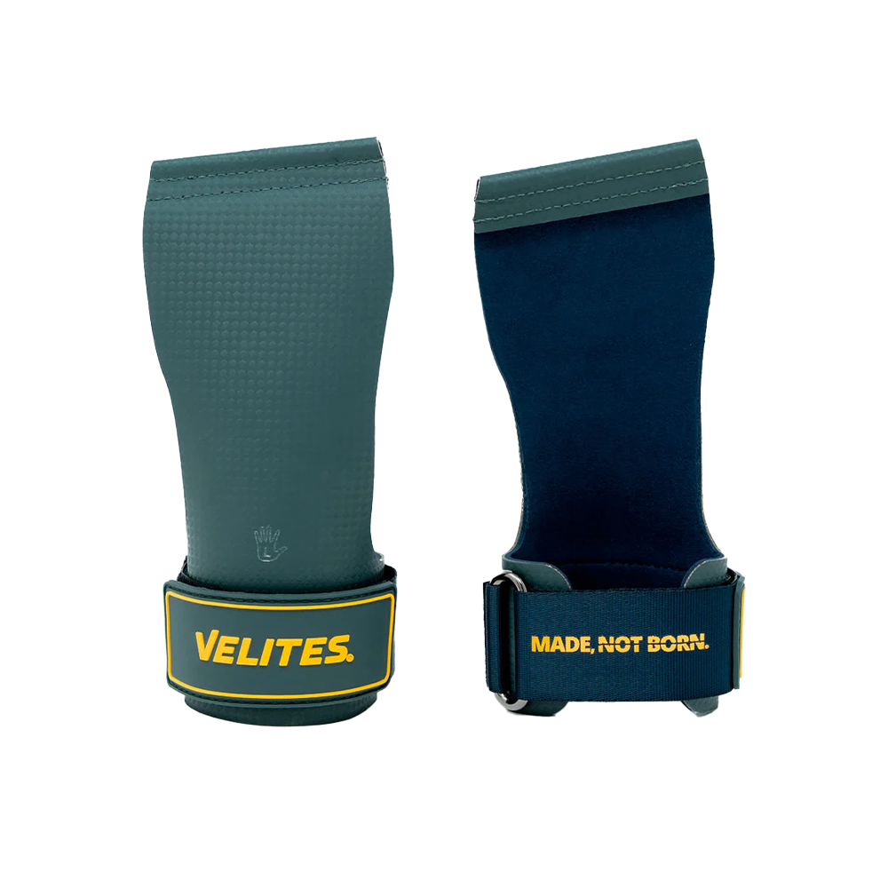 Front and back view of green Velites Quad Ultra no chalk CrossFit grips