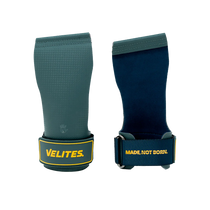 Front and back view of green Velites Quad Ultra no chalk CrossFit grips