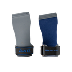Front and back view of grey and blue Velites Quad Ultra no chalk CrossFit gymnastic grips with VELITES branding and wrist strap