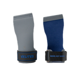Front and back view of grey and blue Velites Quad Ultra no chalk CrossFit gymnastic grips with VELITES branding and wrist strap