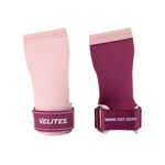 Front and back view of pink Velites Quad Ultra no chalk CrossFit gymnastic grips with VELITES branding and wrist strap