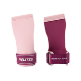 Front and back view of pink Velites Quad Ultra no chalk CrossFit gymnastic grips with VELITES branding and wrist strap