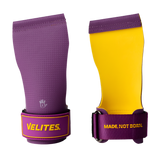 Front and back view of purple and mustard Velites Quad Ultra no chalk CrossFit gymnastic grips with VELITES branding and wrist strap