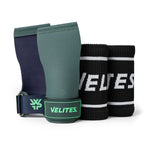 Velites Quad Ultra no chalk WFP edition CrossFit gymnastic grips in green and navy paired with Velites wristbands