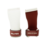 Front and back view of white and burgundy Velites Quad Ultra no chalk CrossFit gymnastic grips with VELITES branding and wrist strap