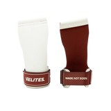 Front and back view of white and burgundy Velites Quad Ultra no chalk CrossFit gymnastic grips with VELITES branding and wrist strap
