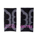 Pair of Velites BRUTE edition fabric wristbands in black and grey with pink text 