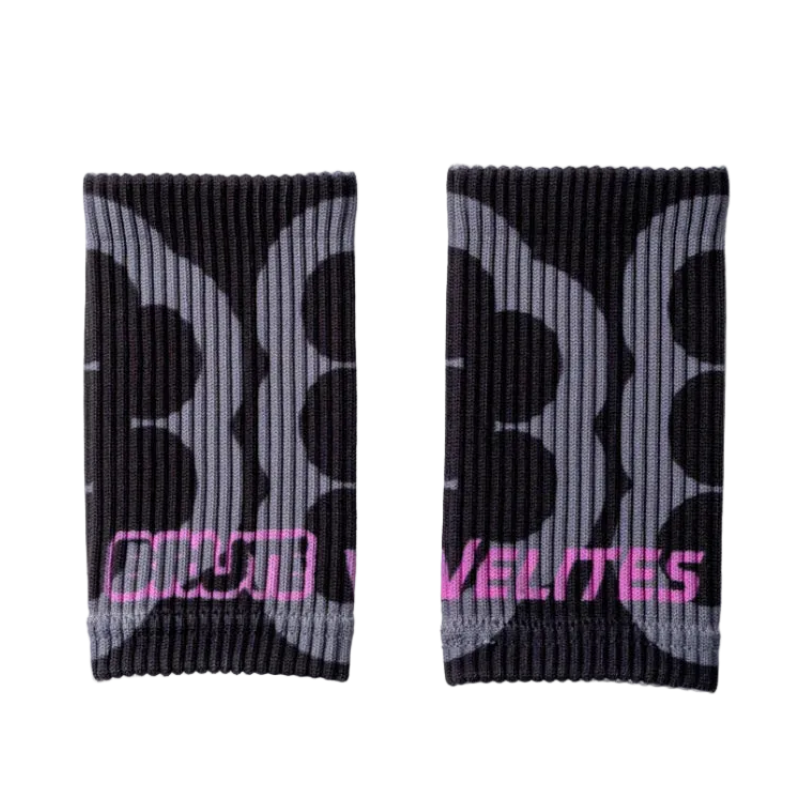 Pair of Velites BRUTE edition fabric wristbands in black and grey with pink text 