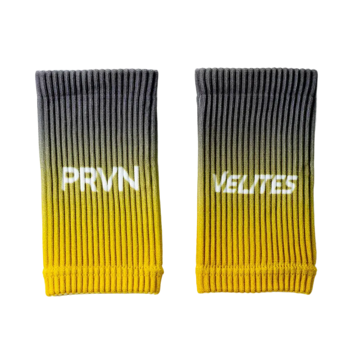 Pair of Velites PRVN edition fabric wristbands in charcoal-to-mustard vertical fade