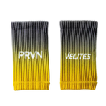 Pair of Velites PRVN edition fabric wristbands in charcoal-to-mustard vertical fade