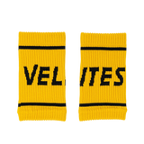 Pair of mustard Velites fabric wristbands for CrossFit grips